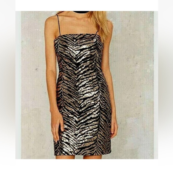 DOLLS KILL MOTEL SEQUIN TIGER STRIPE BLACK VELVET & GOLD MINI DRESS size Small - Picture 3 of 15